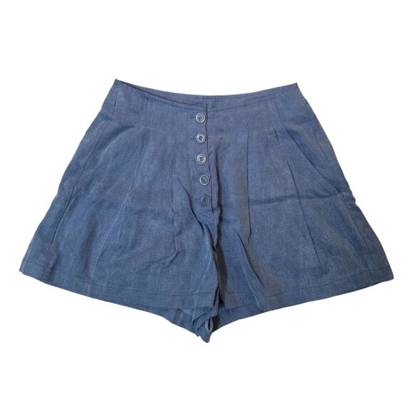 ULLA JOHNSON Blue Highrise Button Pleated Linen Blend Shorts 2 - Picture 1 of 5